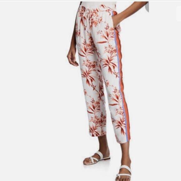 Joie QUISY Orange and White Leaf Print Tropical Cropped Pants XS Striped Sides - Picture 1 of 7